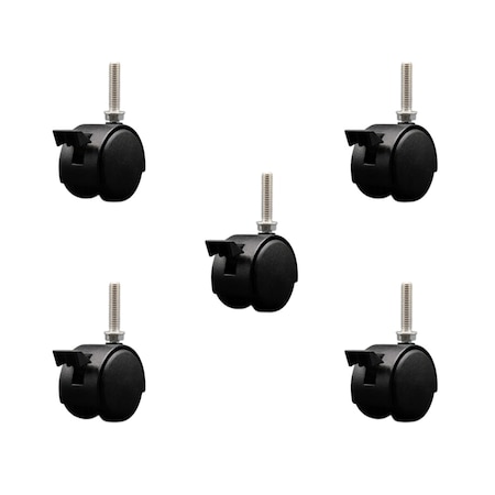 Service Caster 2'' Black Metal Hood Twin Caster with Brake Nylon Wheel 3/8 Thread Stem, 5PK SCC-TS02S50D-NYS-FB-B-381615-5